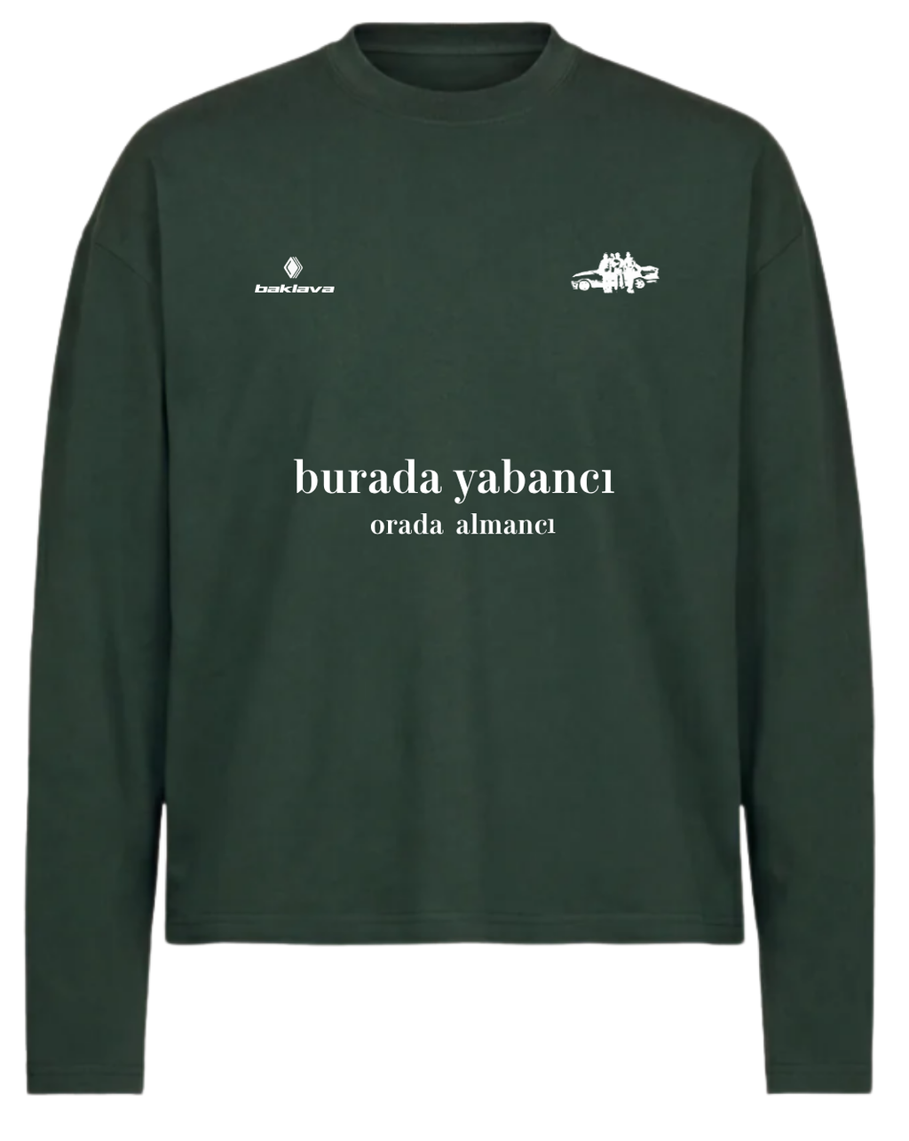 Memleket Grünes Bio-Baumwolle Boxy Langarmshirt „yabancı ve almancı“