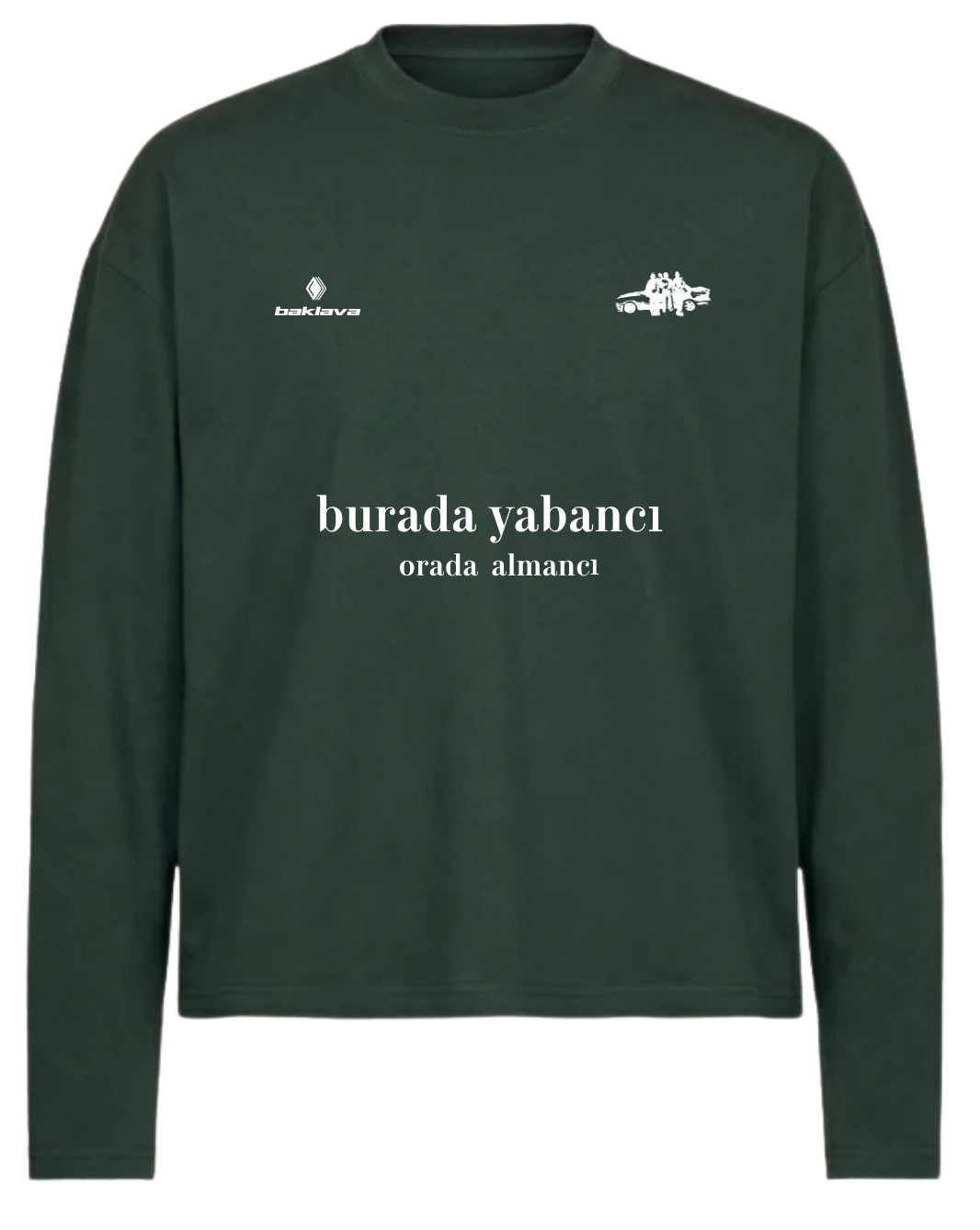Memleket Grünes Bio-Baumwolle Boxy Langarmshirt „yabancı ve almancı“